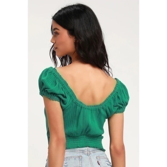 We The Free Brighter Days Green Puff Sleeve Button Front Crop Top - Picture 2 of 5